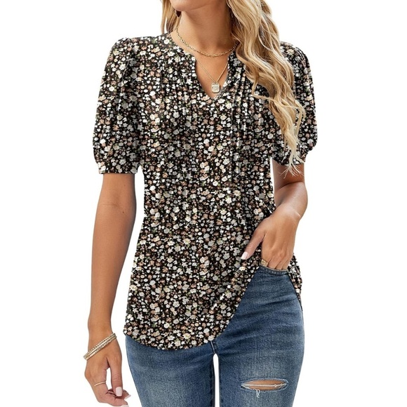 Women’s Floral V Neck Puff Short Sleeve Top Blouse - Picture 5 of 5
